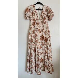 Tan Brown Abercrombie Puff Sleeve Floral Poplin Midi Dress S